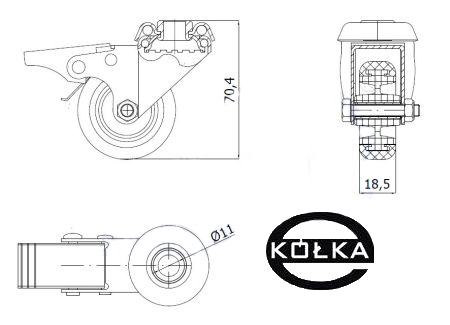 Koło meblowe fi.50mm tworzywowo-gumowe z hamulcem