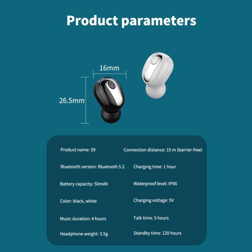 Наушники-вкладыши S9 Single Mini Bluetooth True Wireless Phs 5, белые
