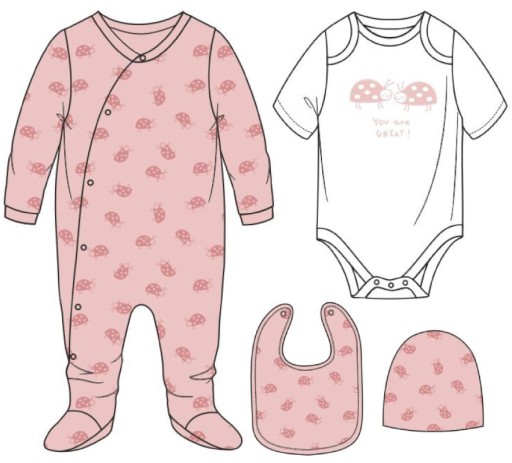 НАБОР Layette из 4 предметов ДЕТСКАЯ ФИОЛЕТОВАЯ ШАПКА ДЛЯ ТЕЛА божьи коровки 68 R041o