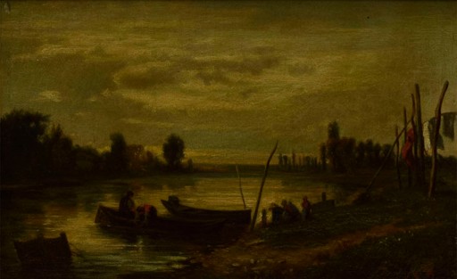 1876 ​​Старая картина Пейзаж с заливом и прачками, вывеска КПД Масло 53х39
