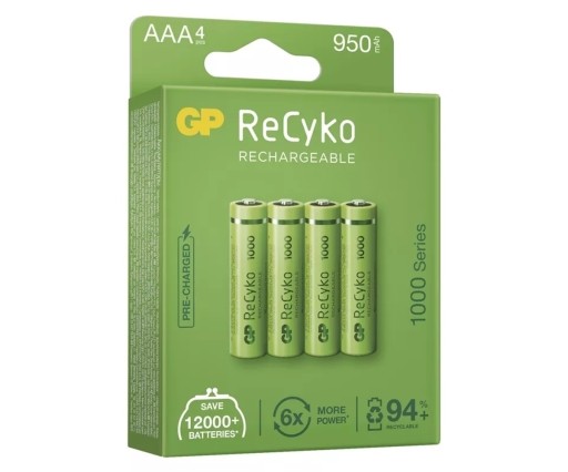 4 аккумулятора GP ReCyko+, 950 мАч, 1,2 В, AAA, NiMH