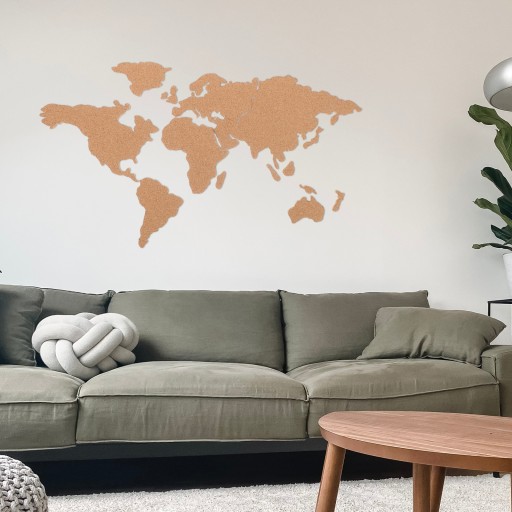 MAPA ŚWIATA Z TABLICY KORKOWEJ DREWNIANY PLAKAT PIN