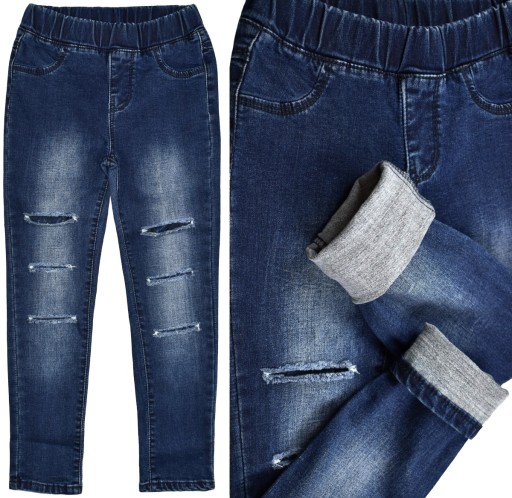 H&H Granatowe Jeansowe Tregginsy Ocieplane Koronka - 122/128