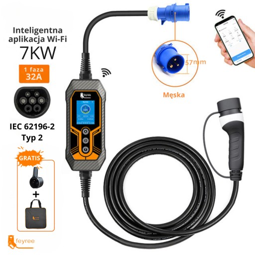 Зарядное устройство для электромобиля FEYREE, мощность 7 кВт, тип 2, 32 А, 1 фаза, ЖК-дисплей, WIFI