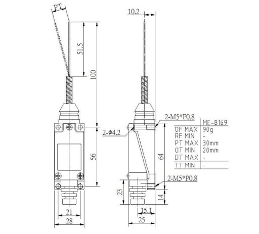 ME-8169 włącznik krańcowy sprężyna z drutem 80mm