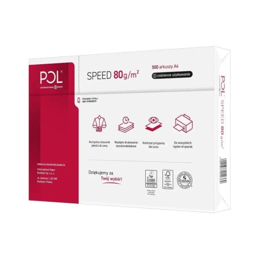 Biurowy Papier Ksero Biały POLSPEED 80g A4 ryza 500 kartek
