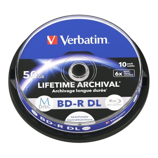 VERBATIM M-Disc BD-R DL 6X, 50 ГБ, для струйной печати, 10 шт., шпиндель