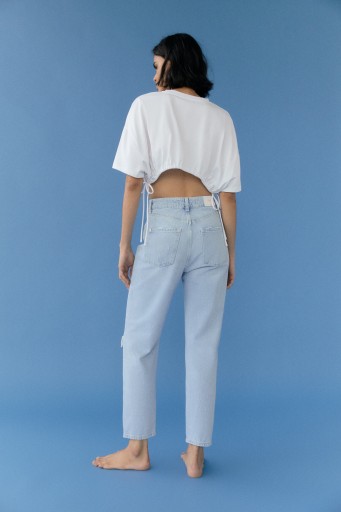 БРЮКИ ZARA MOM FIT, СИНИЕ, ДЫРКИ 36/S