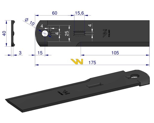 Nóż stały rozdrabniacz słomy sieczkarnia 175x40x3mm otwór 10 zastosowanie 1
