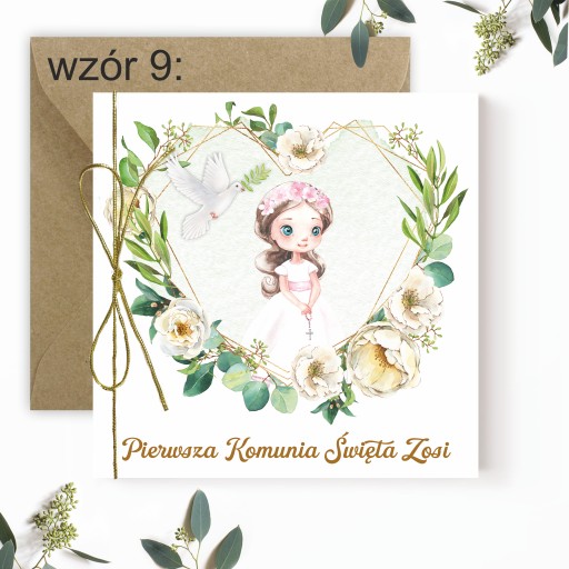 Zaproszenia na komunię + imię + koperta + sznurek