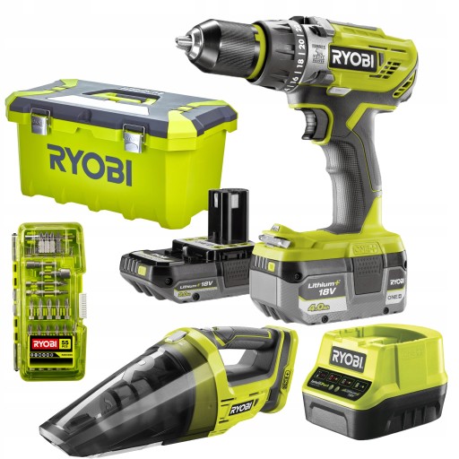 RYOBI Дрель-шуруповерт 18 В + 4 Ач + 2 Ач + пылесос