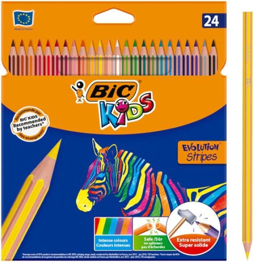 КАРАНДАШИ BIC KIDS EVOLUTION STRIPES БЕЗДРЕВЕСНЫЕ КАРАНДАШИ, 24 ЦВЕТА ДЛЯ ДЕТЕЙ