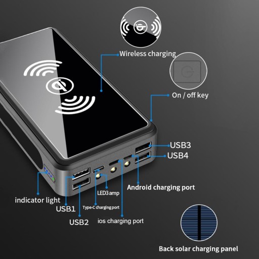 Портативное солнечное беспроводное зарядное устройство Power Bank емкостью 100000 мАч, внешний аккумулятор с