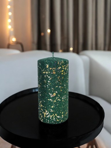ŚWIECA ozdobna GLAMOUR 14cm ZIELONA BROKATOWA ZŁOTE DROBINKI ARTMAN walec