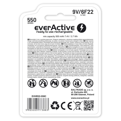 1 литий-ионный аккумулятор EverActive USB C 500 мАч 9 В 6F22