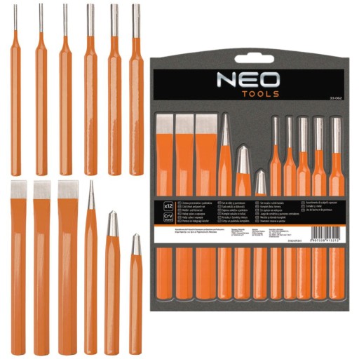 NEO TOOLS НАБОР ВЫБИВАТЕЛЕЙ, РЕЗЦОВ И ШТИФТОВ, 12 шт., PUNKTAK CrV 33-062