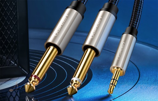 UGREEN MOCNY PRZEWÓD KABEL AUDIO 1X TRS 3.5MM DO 2X TS 6.35MM 5M W OPLOCIE