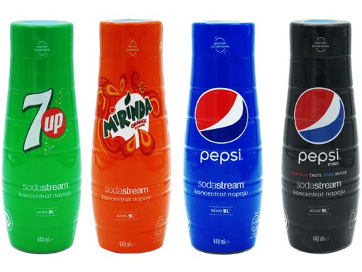 4x SYROP SODASTREAM KONCENTRAT 7UP MIRINDA PEPSI / MAX 9L NAPOJU z 440ml