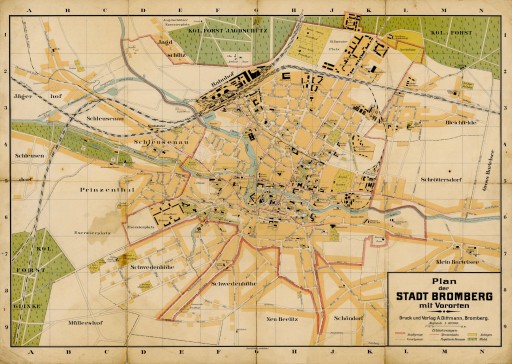 Старый план БЫДГОЩ Бромберг 1913 г., 70x50см