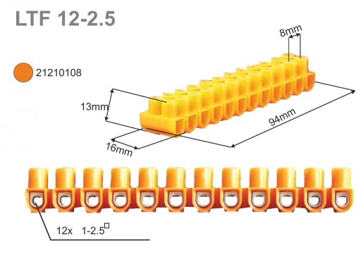 Клеммная колодка с резьбой, 12 контактов, 2,5 мм2, оранжевая LTF 12-2,5 21210108