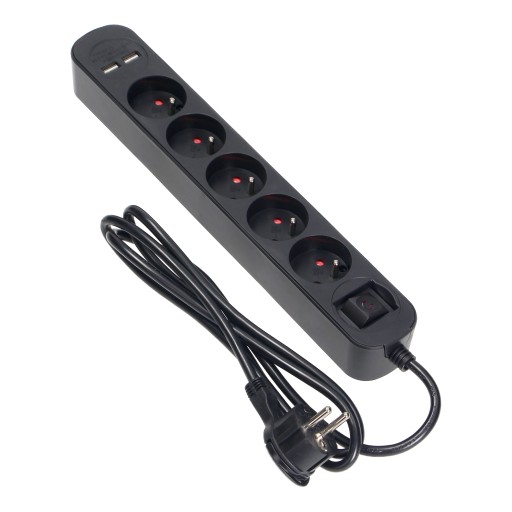 УДЛИНИТЕЛЬ 1,5 м / 5 РАЗЪЕМОВ + 2x USB + ВЫКЛ.