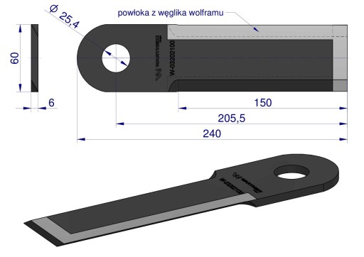 Нож приварной для кукурузной жатки 240x60x6 с отверстием 25,4 мм. Крышка