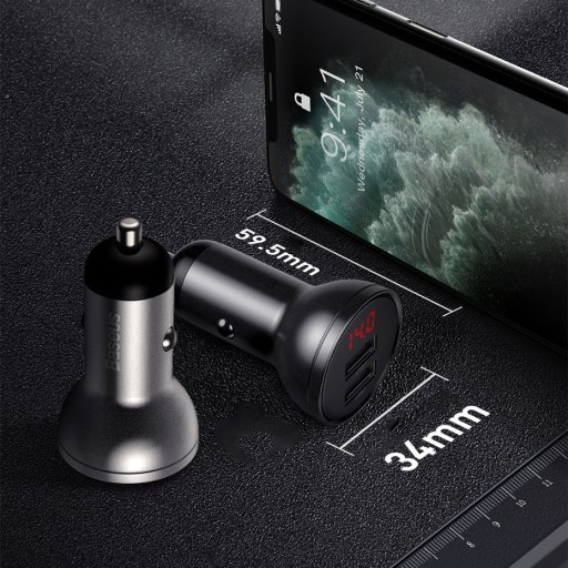 BASEUS Автомобильное зарядное устройство, мощный блок питания 24 Вт, 2 порта USB 4,8 А + кабель 3-в-1