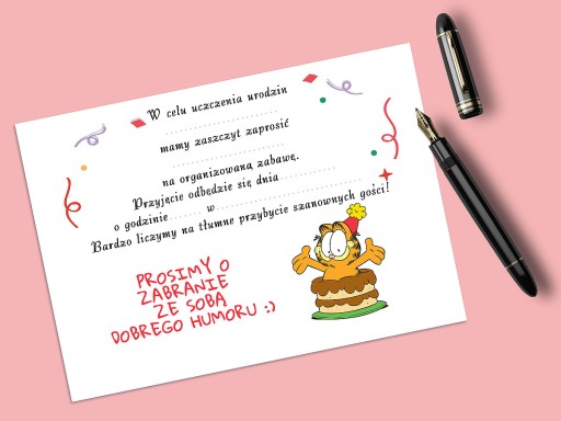 ZAPROSZENIE GARFIELD NA URODZINY DZIECKA + KOPERTA GRATIS JAKOŚĆ