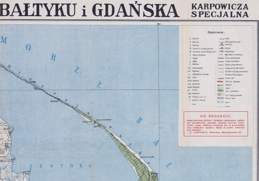 Старая карта Балтийского побережья и Гданьска, специальная карта Карповича - 1939 г. - 30x21