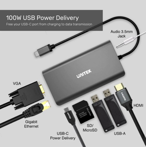 Unitek D1019A HUB 8w1 USB3.1 Typ-C z Power D 100W