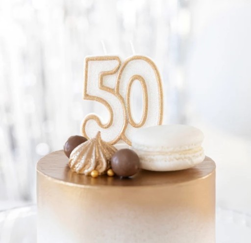 Świeczka ZŁOTA BROKATOWA na 50 urodziny tort cyfra
