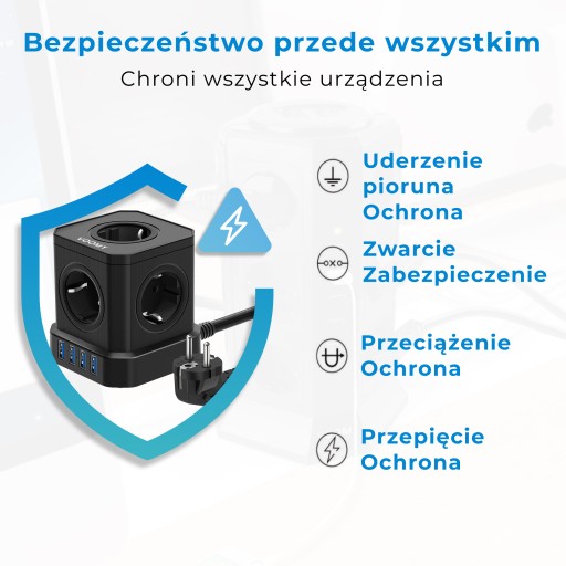 TOPEREK Блок питания 9-в-1 с USB, черный