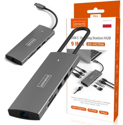 USB-концентратор Zenwire Hub 9-в-1 с адаптером HDMI 4K, разъемом RJ45 и SD-кард-ридером, 9 портов