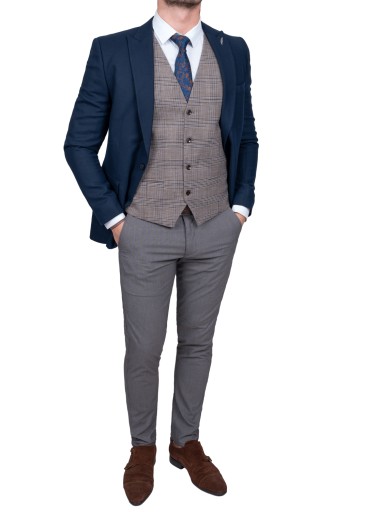 Brązowa elegancka kamizelka w niebieską kratę meska + dodatki - 46