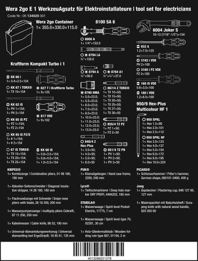 F27 НАБОР ИНСТРУМЕНТОВ ДЛЯ ЭЛЕКТРИКА 2GO E 1, СУМКА 05134025001 WERA