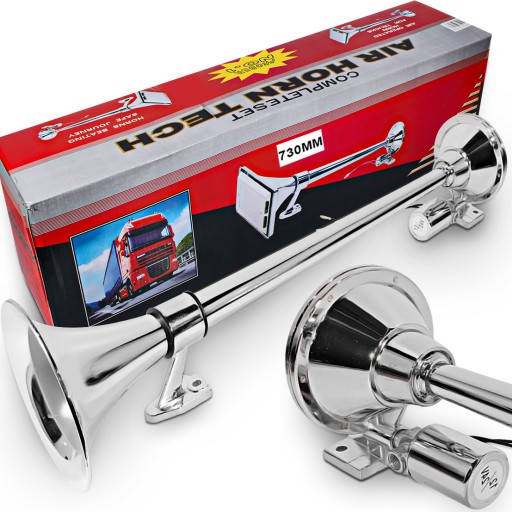 GŁOŚNY KLAKSON FANFARA CHROM TIR SYGNAŁ PNEUMATYCZNY Z ZAWOREM 12V/24V 73CM