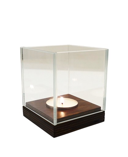 Świecznik szklany szkło OptiWhite na tealight spód drewno brąz pojedynczy