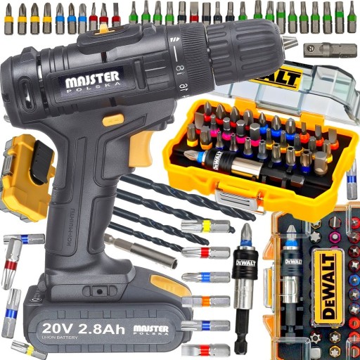 АККУМУЛЯТОРНАЯ Дрель-шуруповёрт 20 В 2x2,8 Ач, БИТЫ DEWALT, 32 ПРЕДМЕТА В КОРОБКЕ, 32 ПРЕДМЕТА