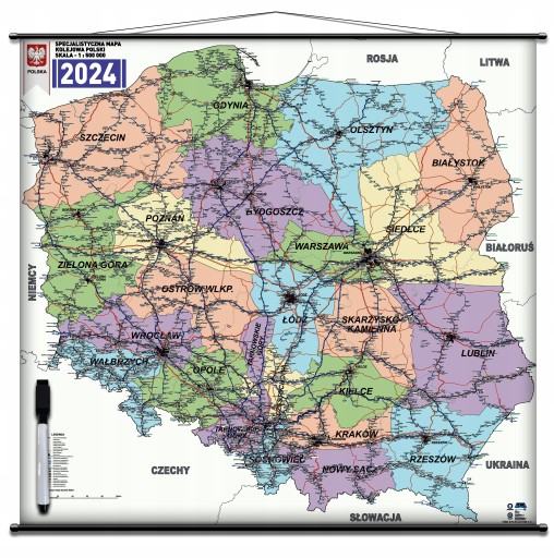 Настенная карта Польши Железнодорожная стена 140х140см Масштаб 1:500000 Текущий 2024 г.