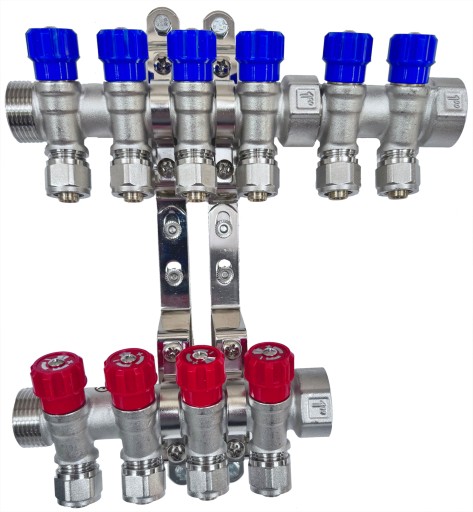 РАСПРЕДЕЛИТЕЛЬ X-HOME PEX 1” x 16 мм 6 КОНТУРОВ ХОЛОДНОЙ ВОДЫ 4 КОНТУРА ГОРЯЧЕЙ ВОДЫ