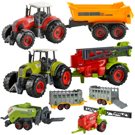 DUŻY ZESTAW Maszyny Rolnicze 2x Traktor Metal 4x Maszyna Przyczepa Rolnicza