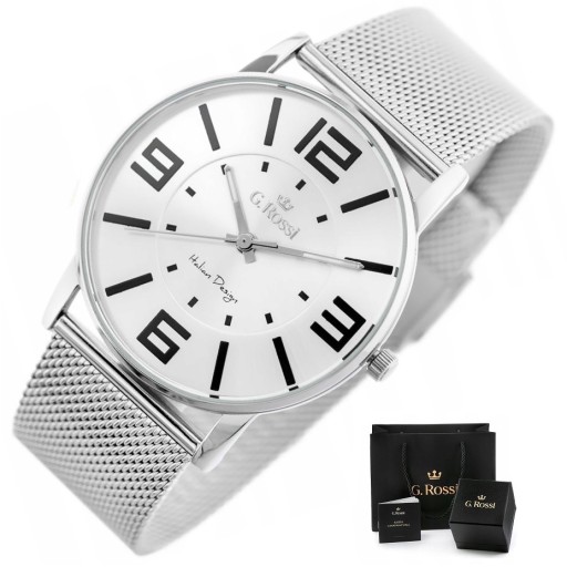 ZEGAREK DAMSKI G. ROSSI AIDA +BOX +GRAWER cyfry mesh bransoletka srebrny