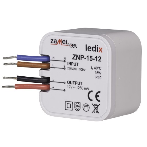 РАЗРЕШЕННЫЙ БЛОК ПИТАНИЯ ДЛЯ СВЕТОДИОДОВ ZAMEL LEDIX 12В 15Вт ZNP-15-12