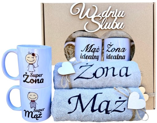 Super Zestaw Prezent na Ślub Ślubny Ręczniki Kubki