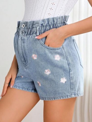 SHEIN ДЖИНСОВЫЕ ШОРТЫ С ВЫШИВКОЙ ЦВЕТОВ БУМАЖНЫЙ ПАКЕТ M 47398