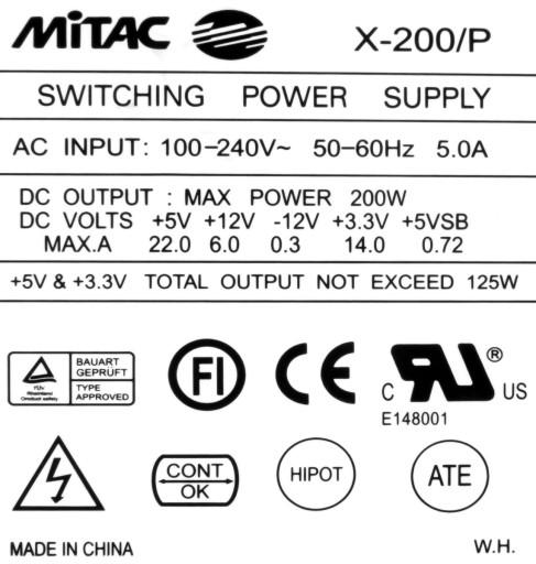 MITAC X-200/P 200 Вт ATX 20-контактный