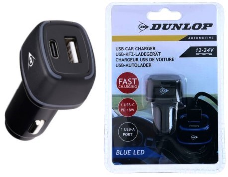 DUNLOP Ładowarka samochodowa USB A + USB C podświetlenie Blue LED