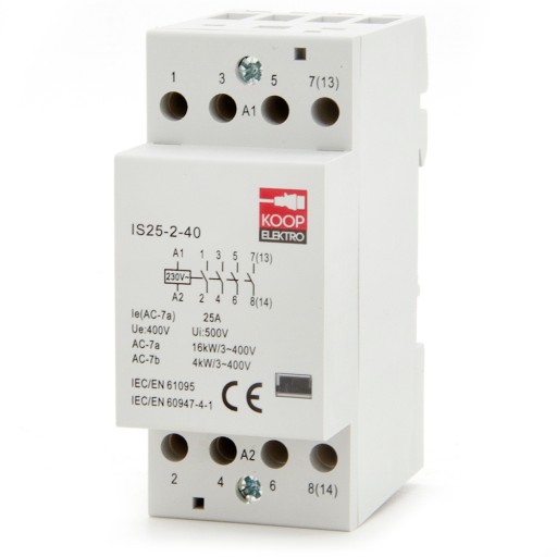 STYCZNIK MODUŁOWY 25-40 230V 25A 2P 4Z 3-FAZOWY ZWIERNY NA SZYNĘ DIN TH35