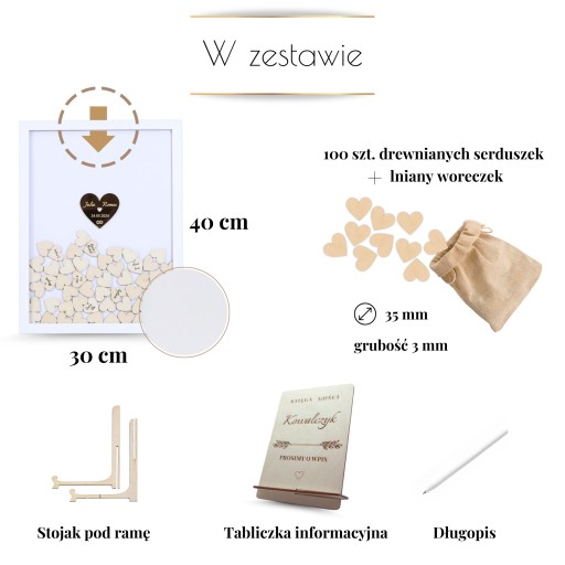 KSIĘGA GOŚCI NA WESELE, PAMIĄTKA ŚLUBNA PREZENT RAMKA Z SERDUSZKAMI PODPISY