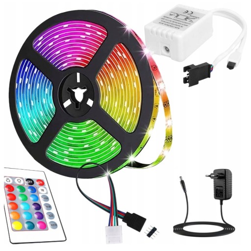 TAŚMA LED 10M RGB LEDY 5050 LISTWA 230v 12v KOLOROWA NA PILOTA WODOODPORNA